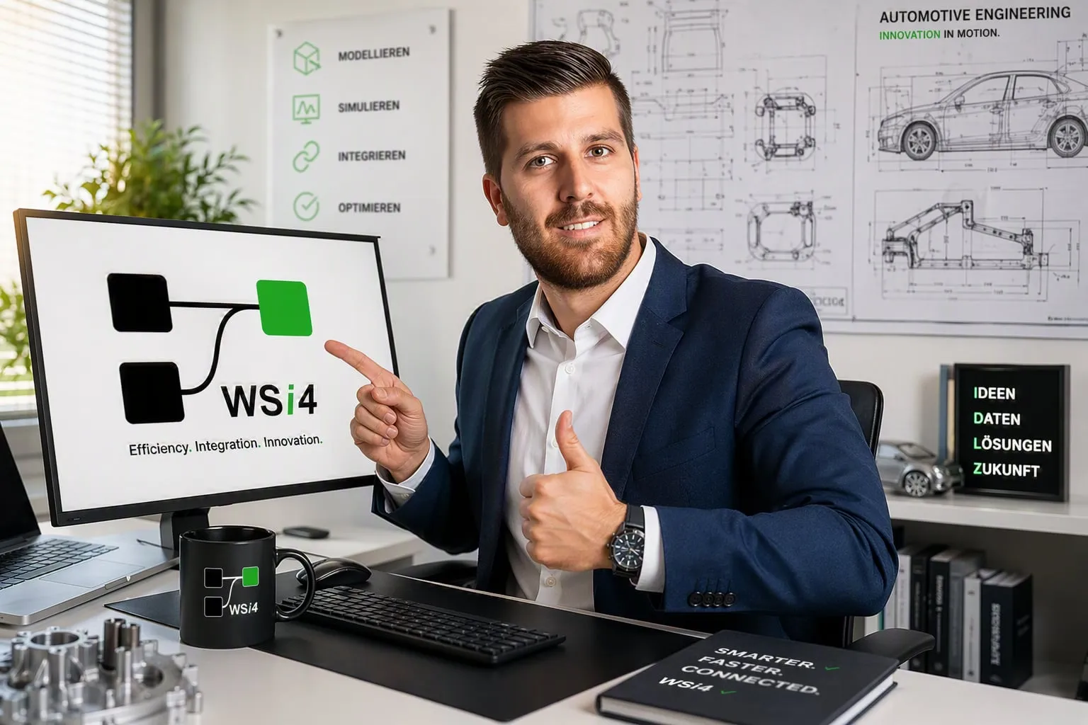 Jakob Koller an seinem Schreibtisch, zeigt auf WSi am Bildschirm